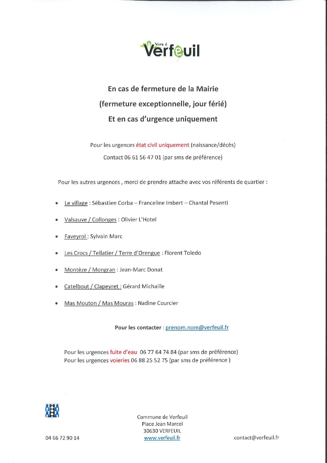 Contacts urgence fermeture mairie